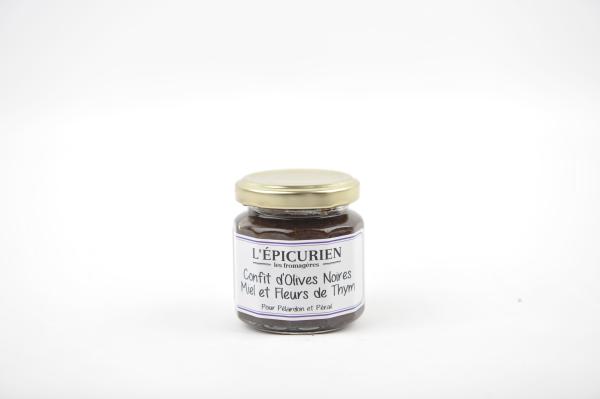 Confit d'olives noires, miel et thym