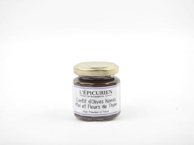 Confit d'olives noires, miel et thym